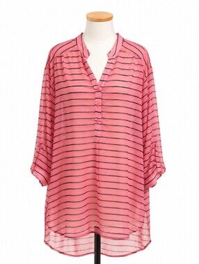 Cato Plus Size 26W 28W Blouse Orange Navy Blue Striped Sheer Tunic Top NWT